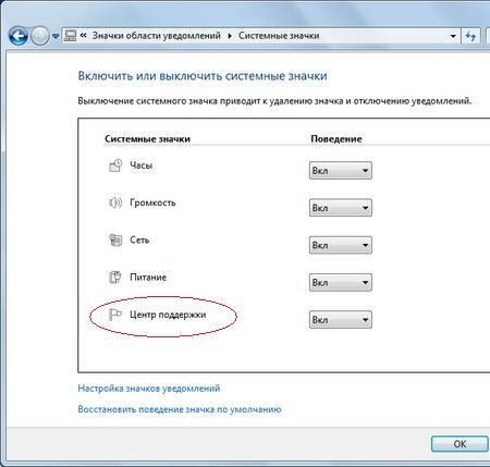 Windows 7: как отключить значок Центра поддержки в области уведомлений?